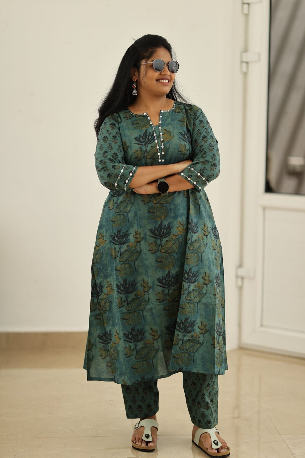 Teal Green Lotus Block Print 30+ Women Everyday Office Kurta (Top + Bottom) | MAGI0039