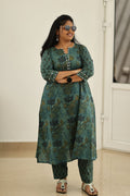 Teal Green Lotus Block Print 30+ Women Everyday Office Kurta (Top + Bottom) | MAGI0039