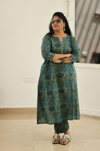 Teal Green Lotus Block Print 30+ Women Everyday Office Kurta (Top + Bottom) | MAGI0039