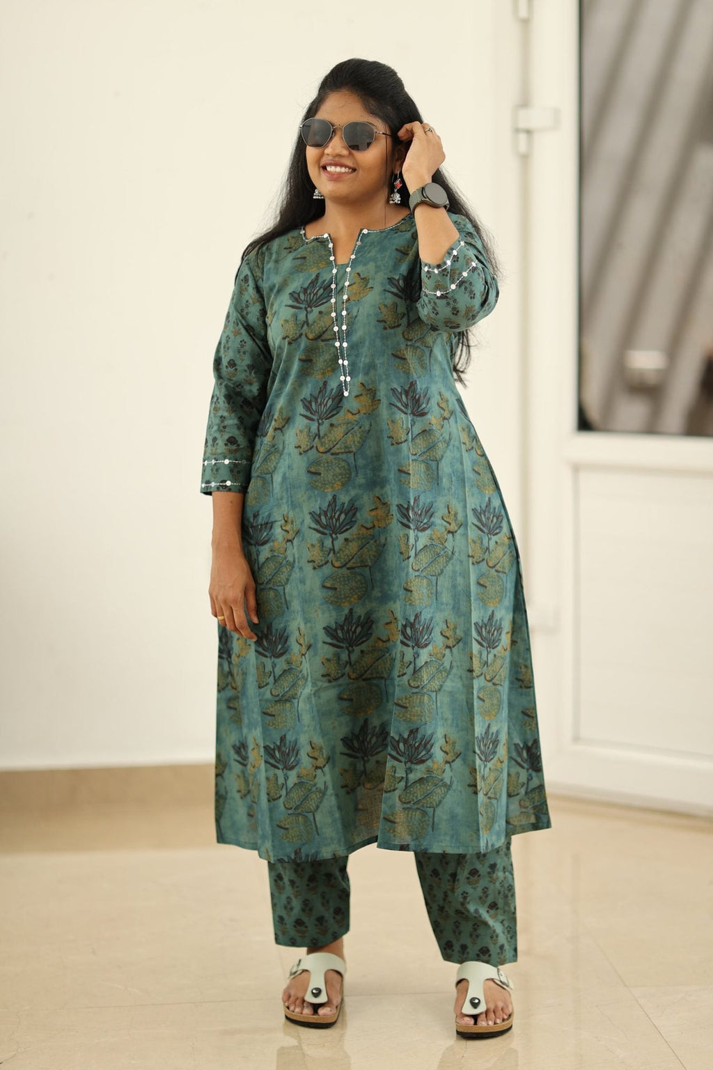 Teal Green Lotus Block Print 30+ Women Everyday Office Kurta (Top + Bottom) | MAGI0039