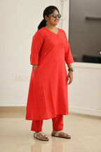 Poppy Red Hand Mirror Work 30+ Women Everyday Office Kurta (Top + Bottom) | MAGI0040