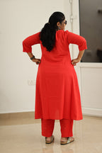 Poppy Red Hand Mirror Work 30+ Women Everyday Office Kurta (Top + Bottom) | MAGI0040