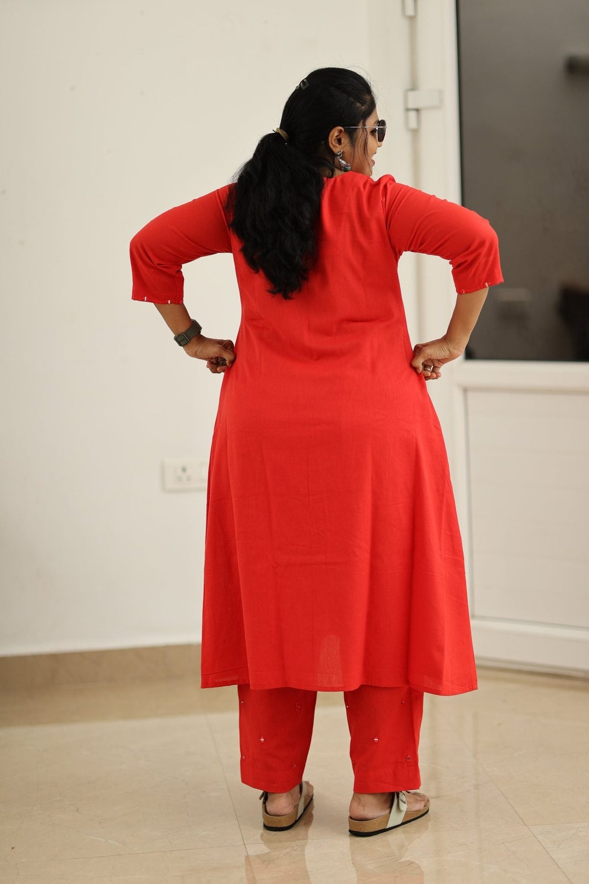 Poppy Red Hand Mirror Work 30+ Women Everyday Office Kurta (Top + Bottom) | MAGI0040