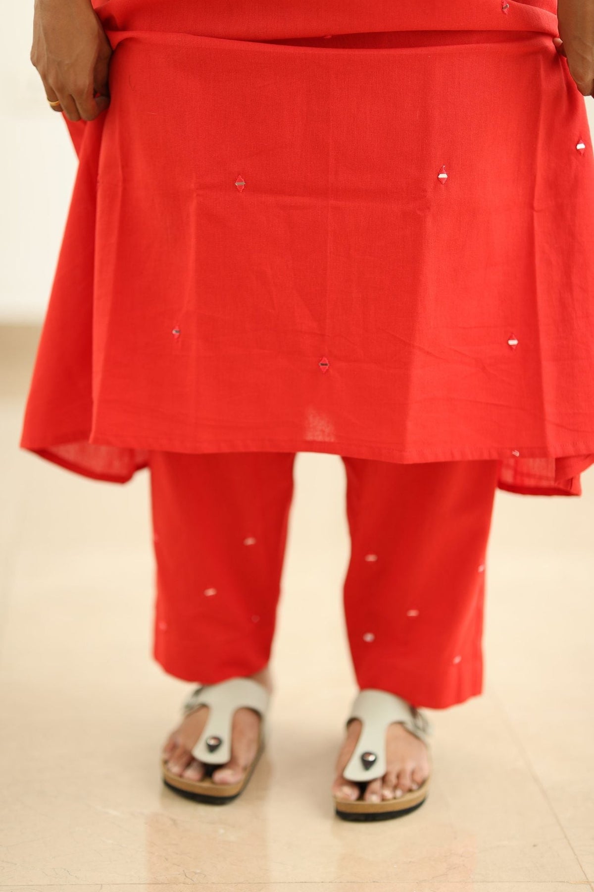 Poppy Red Hand Mirror Work 30+ Women Everyday Office Kurta (Top + Bottom) | MAGI0040