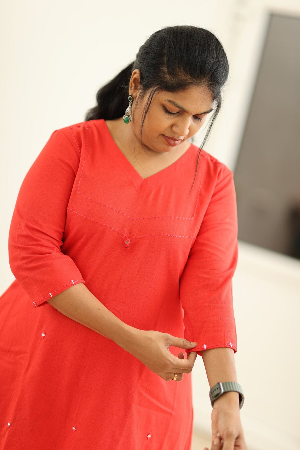 Poppy Red Hand Mirror Work 30+ Women Everyday Office Kurta (Top + Bottom) | MAGI0040