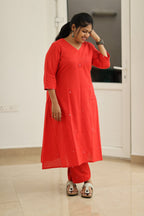 Poppy Red Hand Mirror Work 30+ Women Everyday Office Kurta (Top + Bottom) | MAGI0040