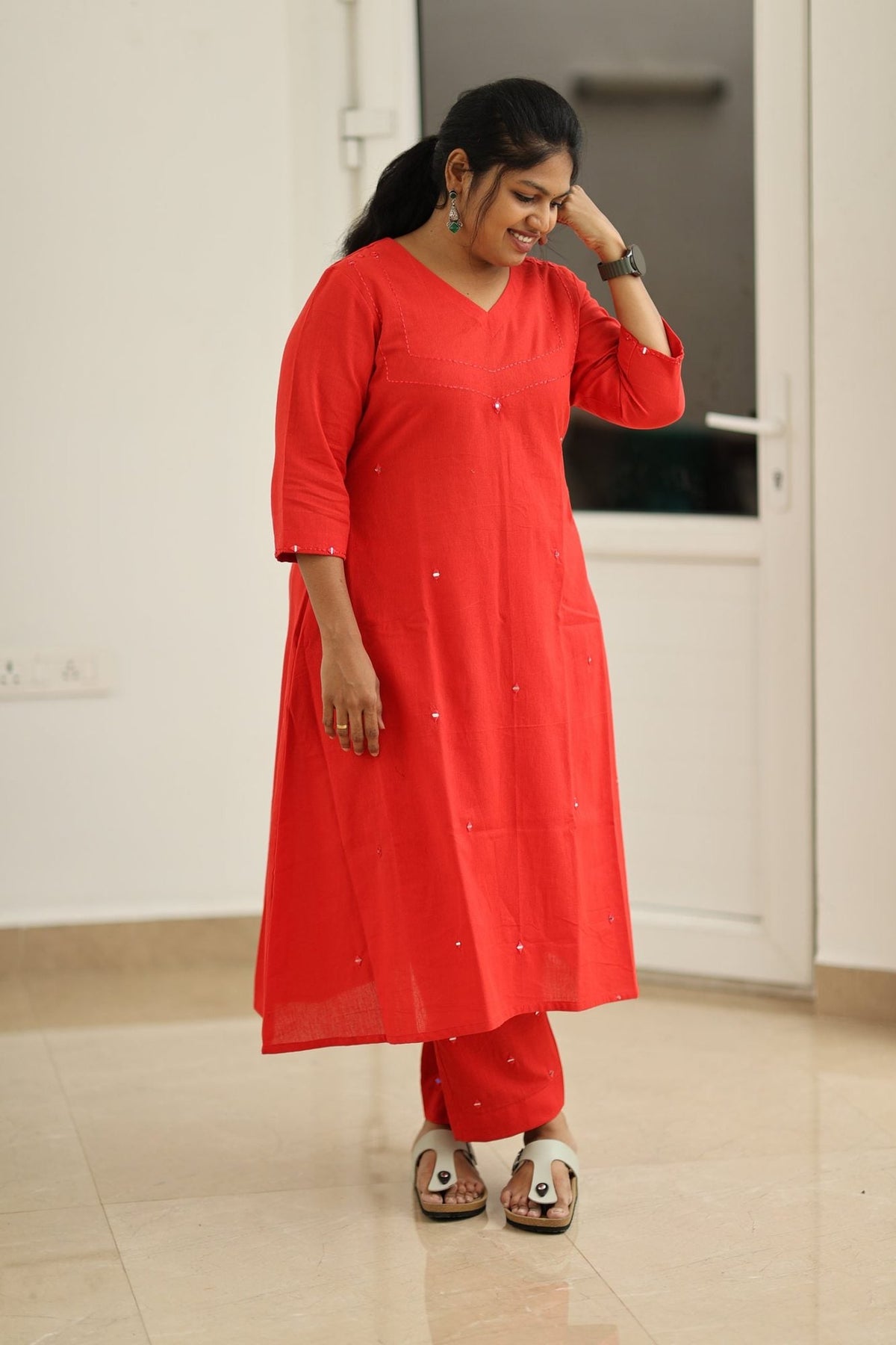 Poppy Red Hand Mirror Work 30+ Women Everyday Office Kurta (Top + Bottom) | MAGI0040