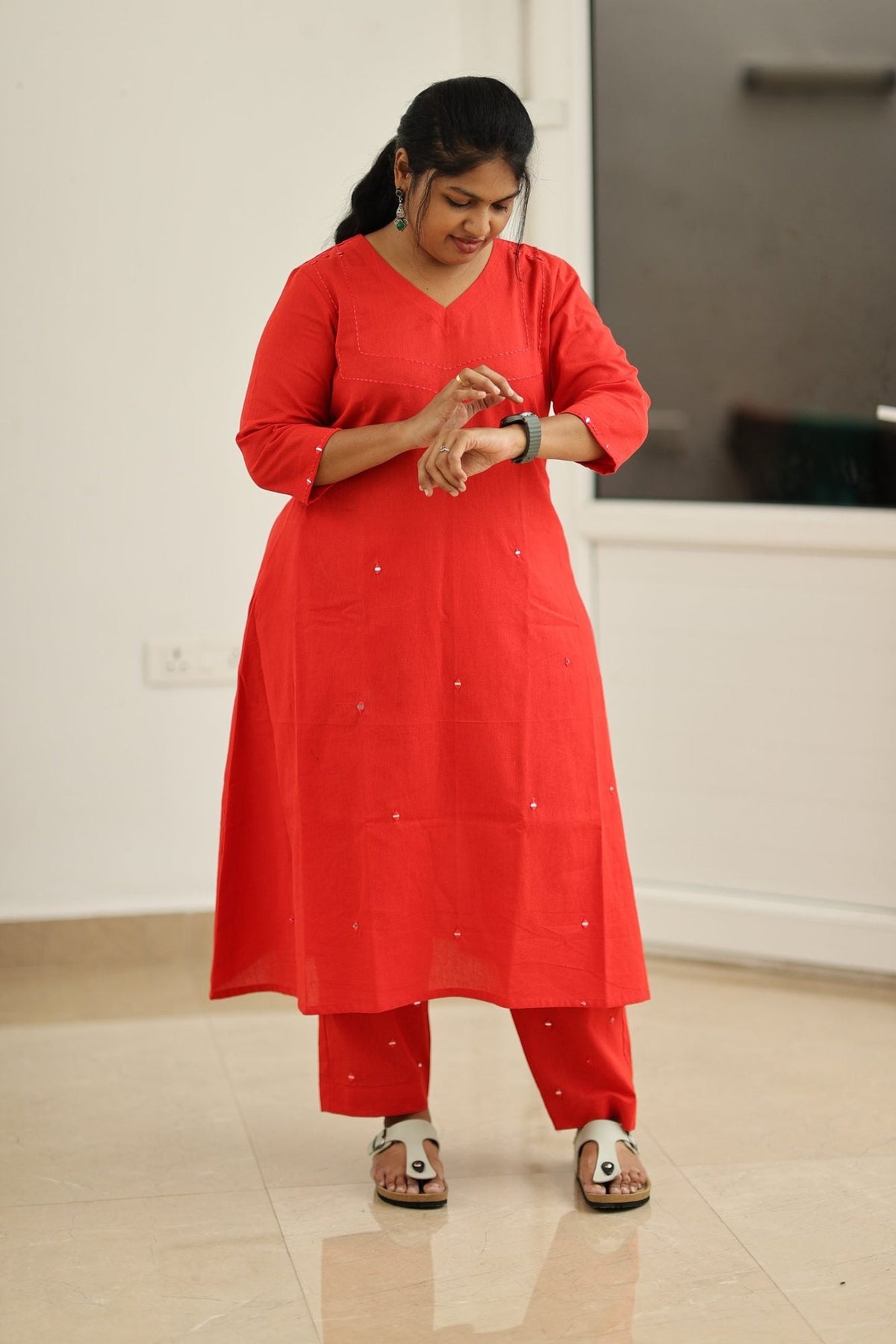 Poppy Red Hand Mirror Work 30+ Women Everyday Office Kurta (Top + Bottom) | MAGI0040