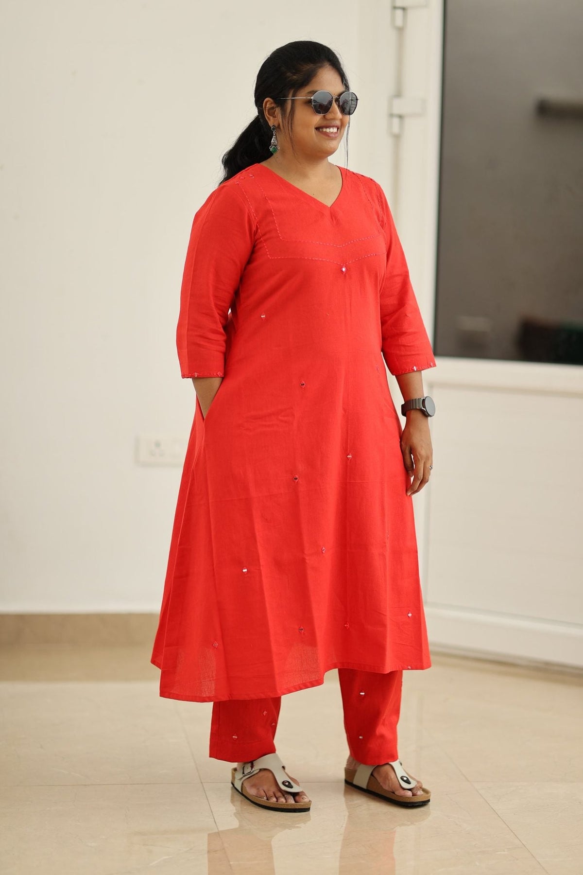 Poppy Red Hand Mirror Work 30+ Women Everyday Office Kurta (Top + Bottom) | MAGI0040