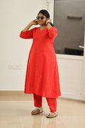 Poppy Red Hand Mirror Work 30+ Women Everyday Office Kurta (Top + Bottom) | MAGI0040