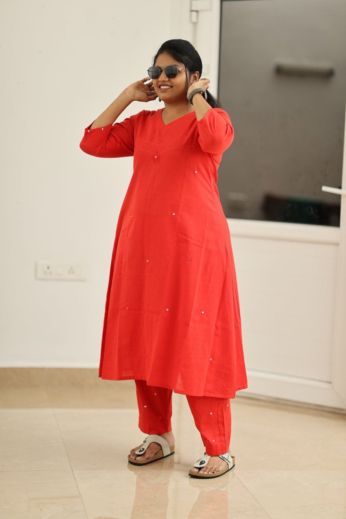 Poppy Red Hand Mirror Work 30+ Women Everyday Office Kurta (Top + Bottom) | MAGI0040