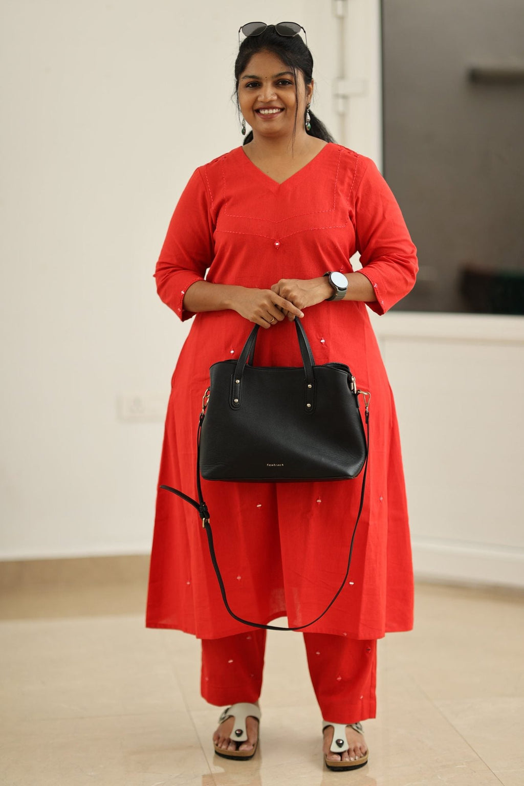 Poppy Red Hand Mirror Work 30+ Women Everyday Office Kurta (Top + Bottom) | MAGI0040