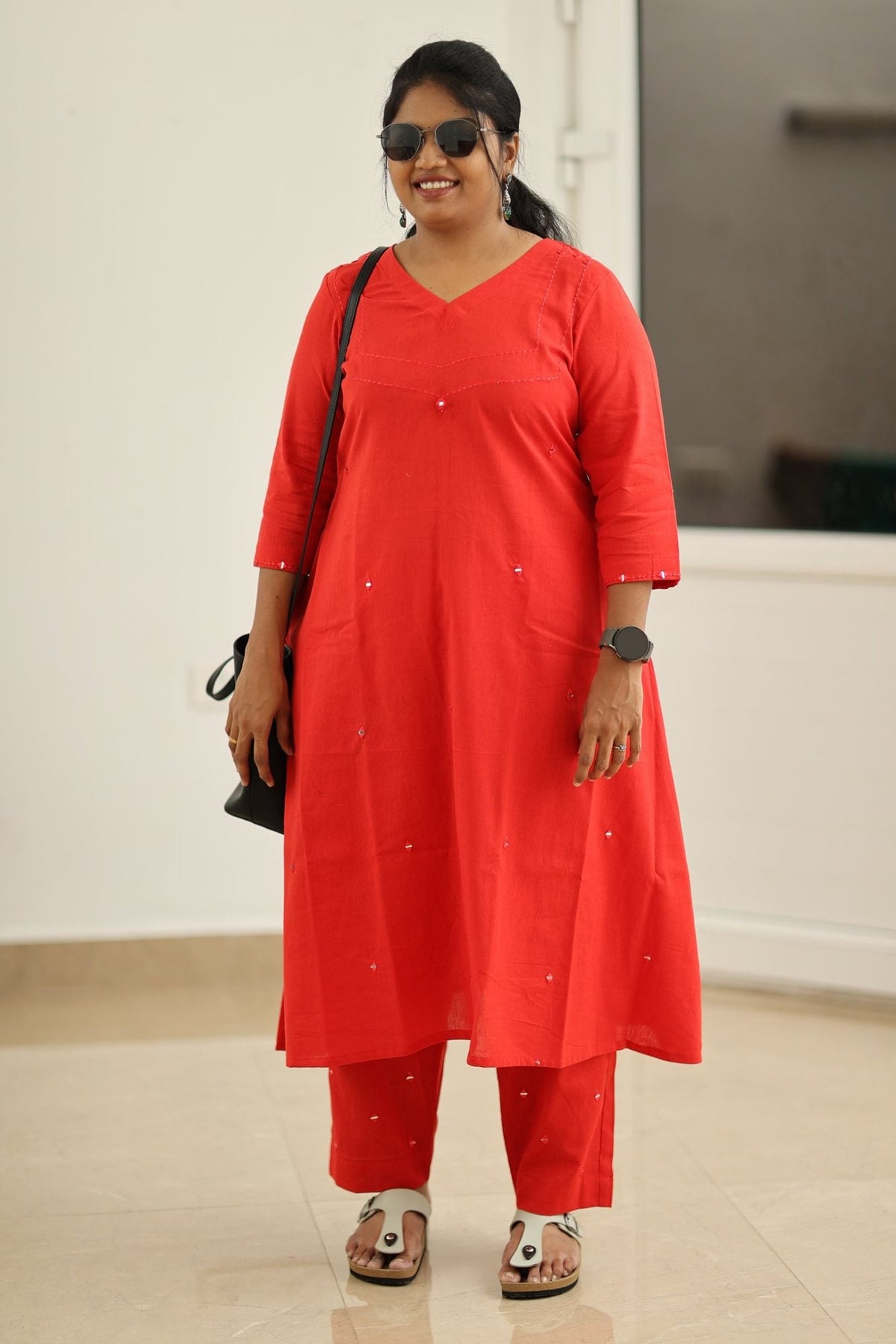 Poppy Red Hand Mirror Work 30+ Women Everyday Office Kurta (Top + Bottom) | MAGI0040