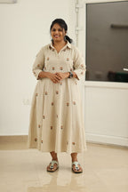 Almond Beige Hand-Embroidered Butta 30+ Women Everyday Office Kurta (Maxi Dress) | MAGI0041