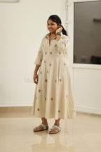 Almond Beige Hand-Embroidered Butta 30+ Women Everyday Office Kurta (Maxi Dress) | MAGI0041