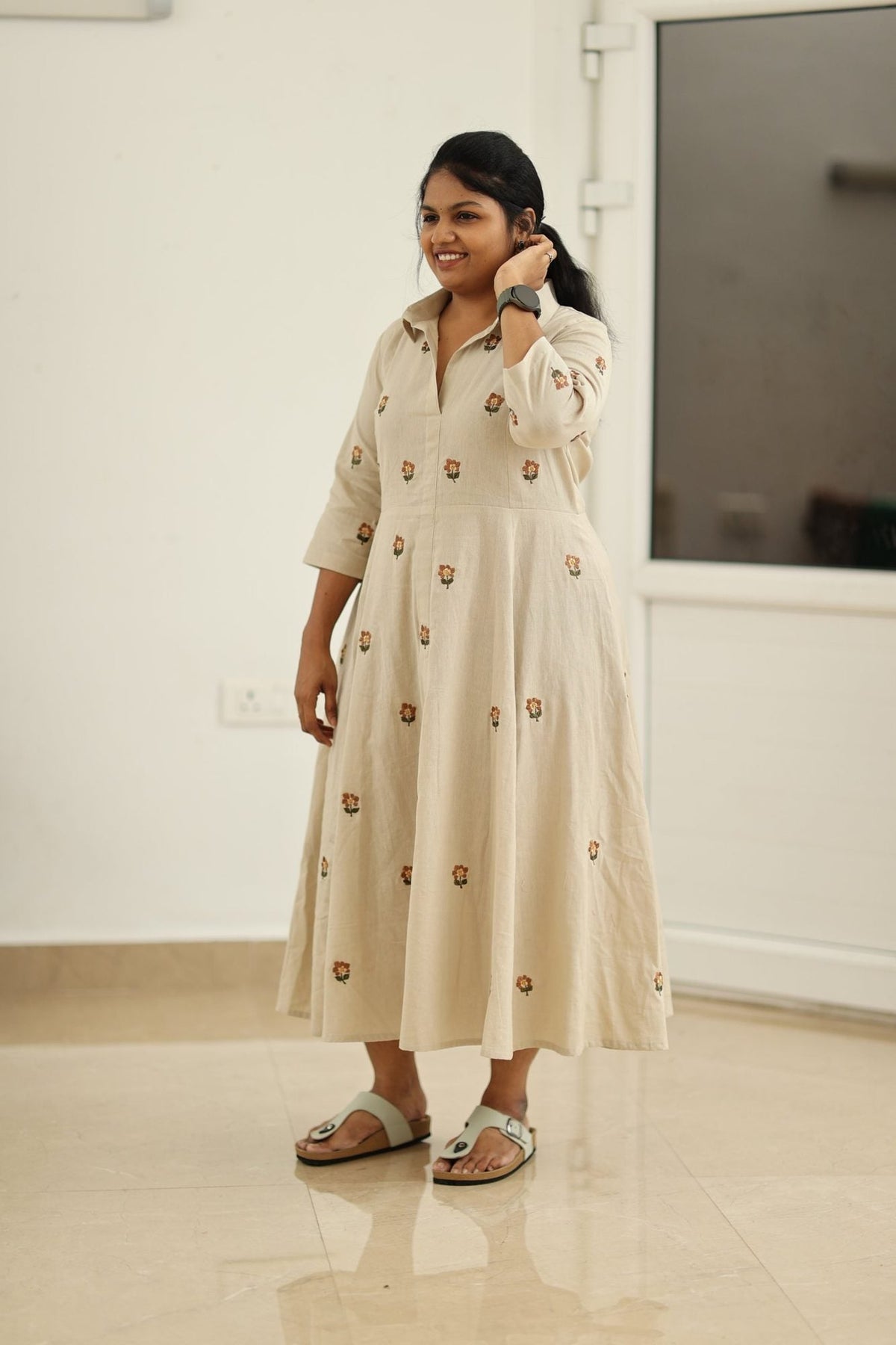 Almond Beige Hand-Embroidered Butta 30+ Women Everyday Office Kurta (Maxi Dress) | MAGI0041