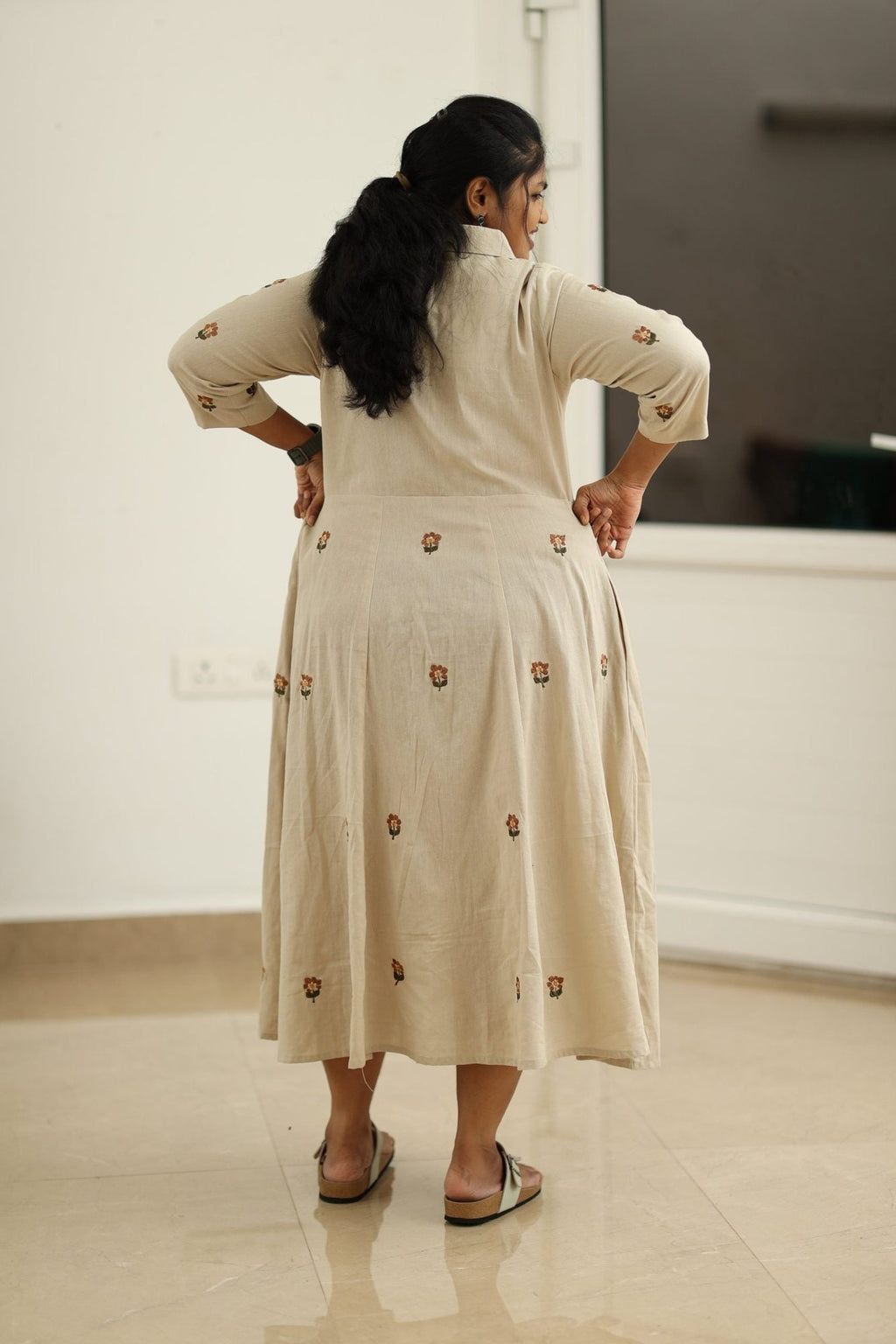 Almond Beige Hand-Embroidered Butta 30+ Women Everyday Office Kurta (Maxi Dress) | MAGI0041