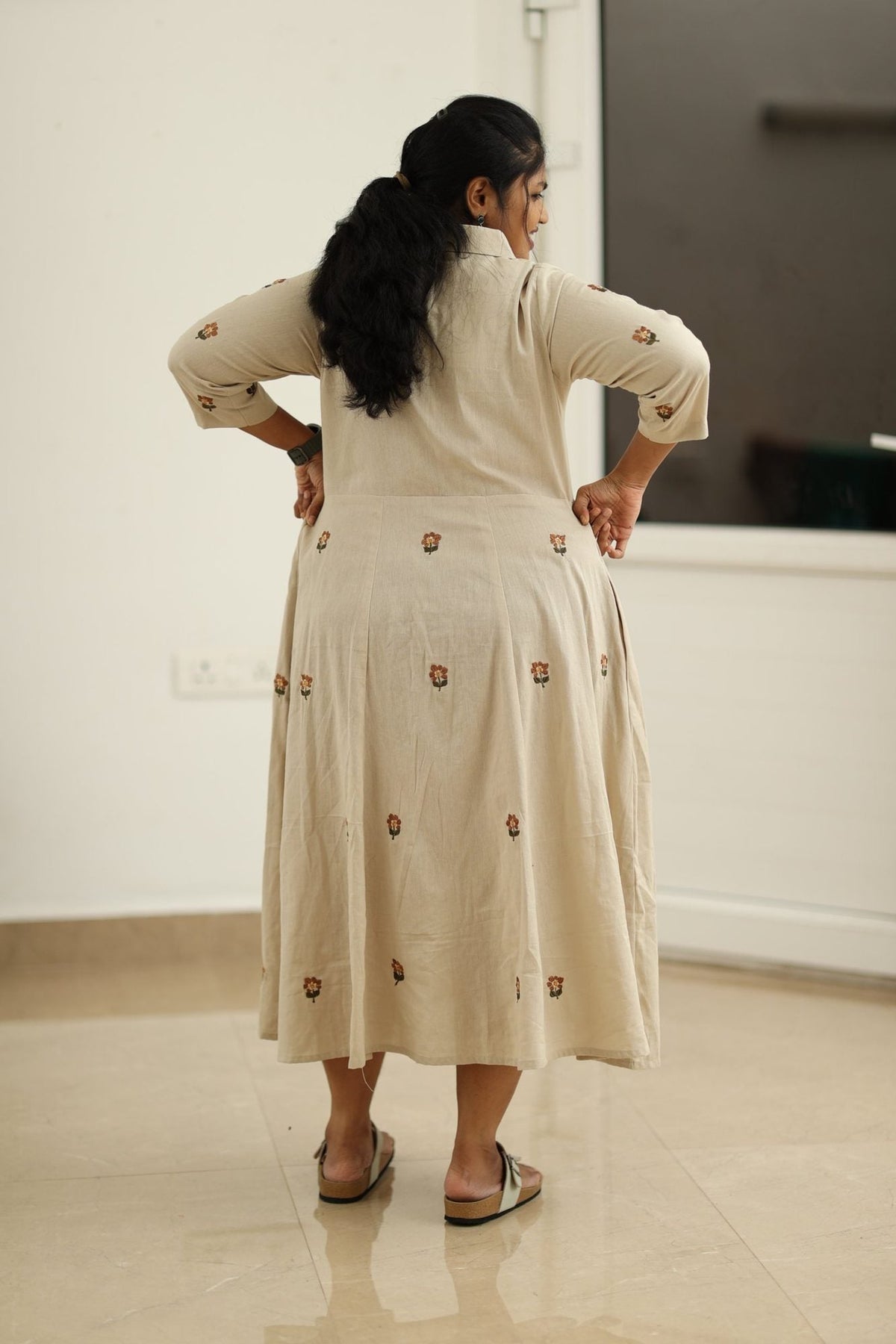 Almond Beige Hand-Embroidered Butta 30+ Women Everyday Office Kurta (Maxi Dress) | MAGI0041