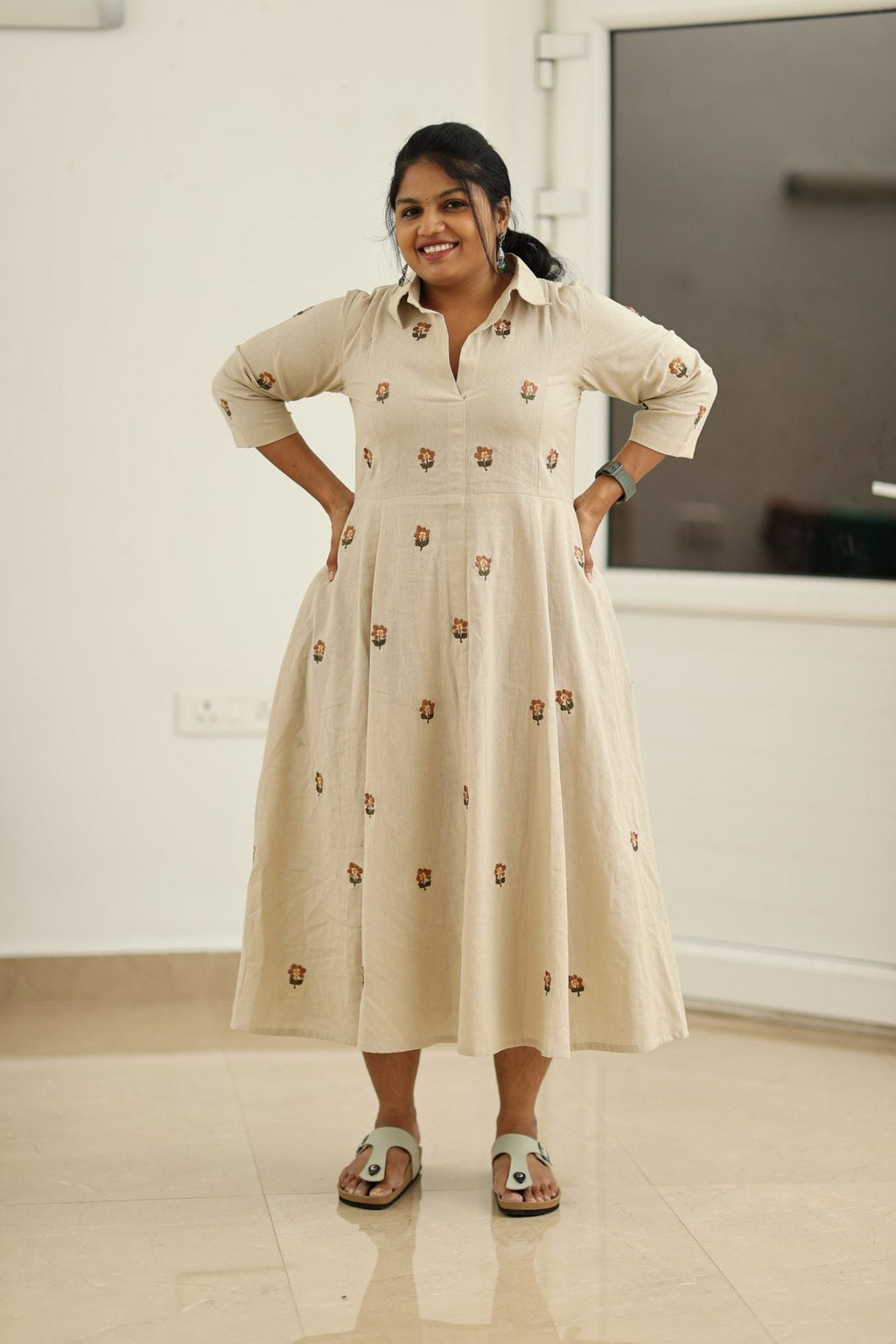 Almond Beige Hand-Embroidered Butta 30+ Women Everyday Office Kurta (Maxi Dress) | MAGI0041
