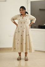 Almond Beige Hand-Embroidered Butta 30+ Women Everyday Office Kurta (Maxi Dress) | MAGI0041