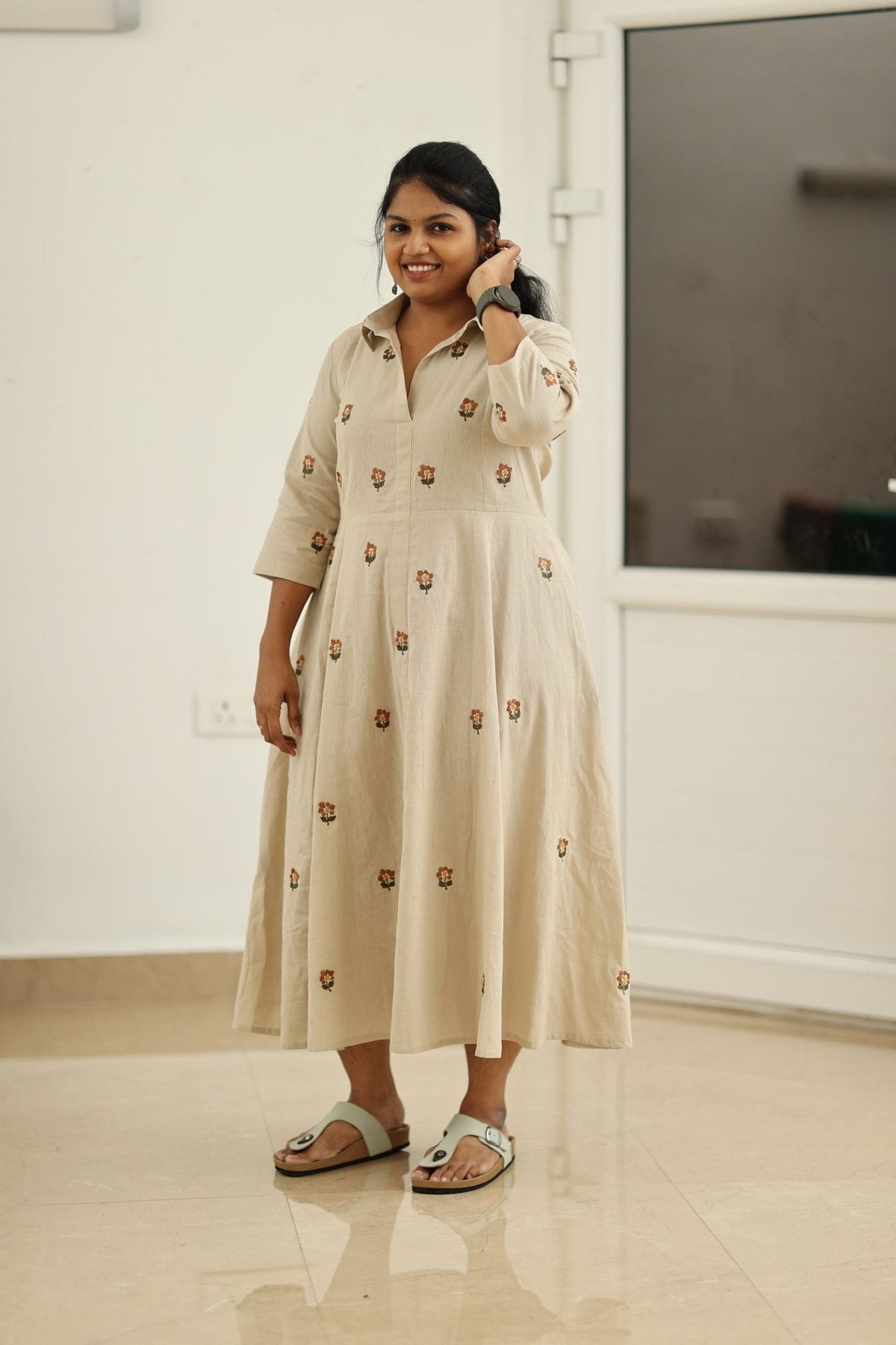 Almond Beige Hand-Embroidered Butta 30+ Women Everyday Office Kurta (Maxi Dress) | MAGI0041