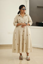 Almond Beige Hand-Embroidered Butta 30+ Women Everyday Office Kurta (Maxi Dress) | MAGI0041