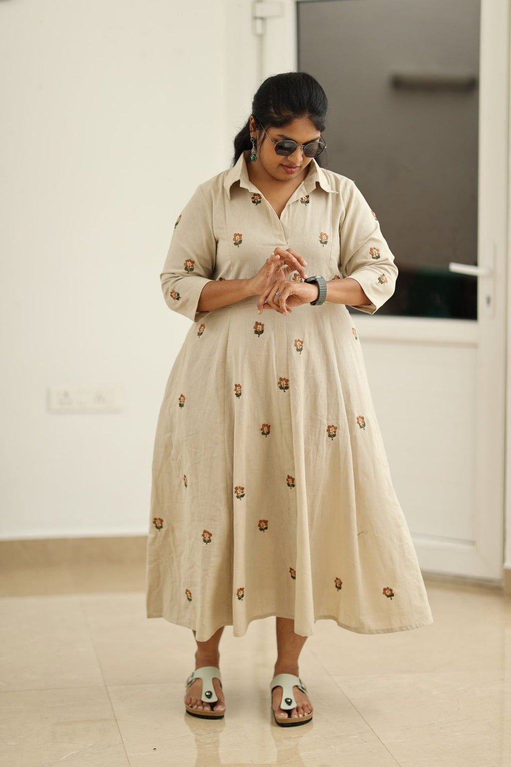 Almond Beige Hand-Embroidered Butta 30+ Women Everyday Office Kurta (Maxi Dress) | MAGI0041