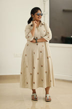Almond Beige Hand-Embroidered Butta 30+ Women Everyday Office Kurta (Maxi Dress) | MAGI0041