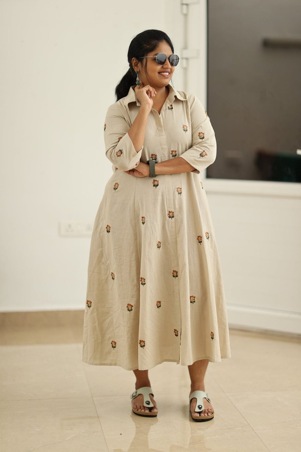 Almond Beige Hand-Embroidered Butta 30+ Women Everyday Office Kurta (Maxi Dress) | MAGI0041