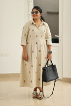 Almond Beige Hand-Embroidered Butta 30+ Women Everyday Office Kurta (Maxi Dress) | MAGI0041