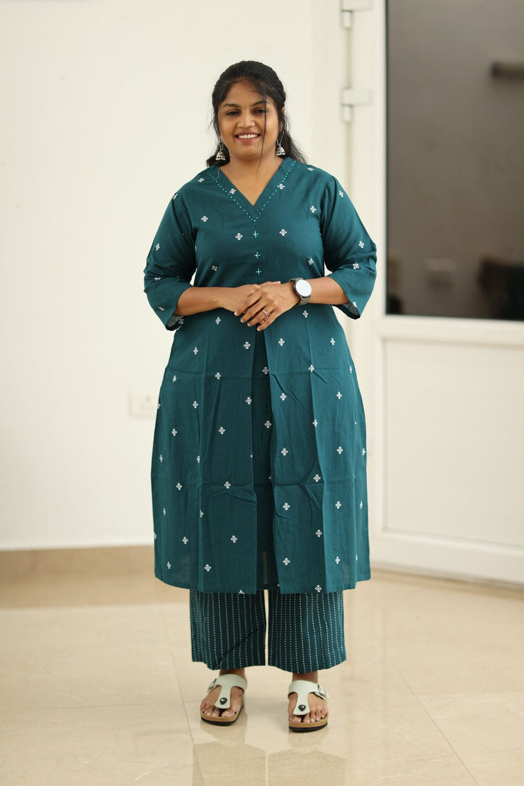 Deep teal woven butta office kurta set, front view