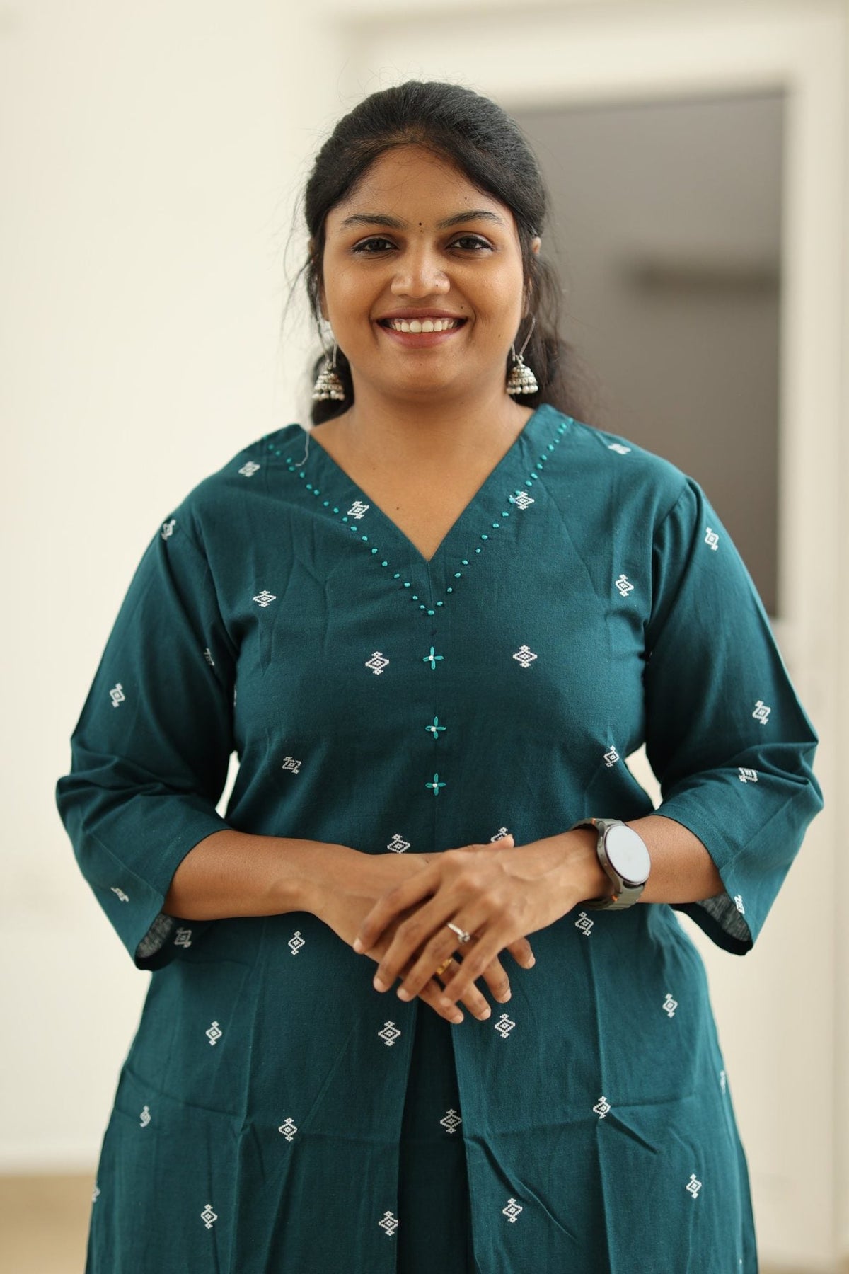 Deep teal kurta upper body view