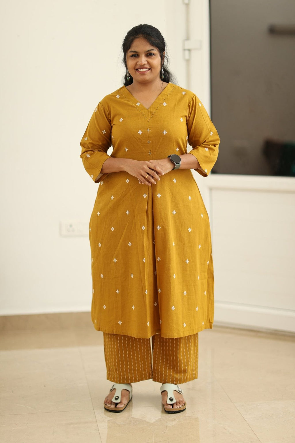 Amber gold woven butta office kurta set, front view