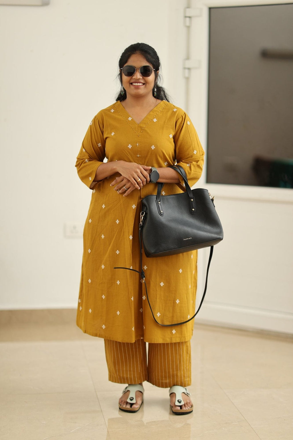 Amber gold kurta set full office look with handbag