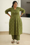 Royal olive kurta showing the side pockets