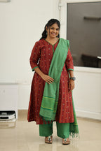 Cherry Cola & Banana Leaf Handloom 30+ Women Everyday & Special Day Office Kurta (Top + Bottom + Dupatta) | MAGI0046