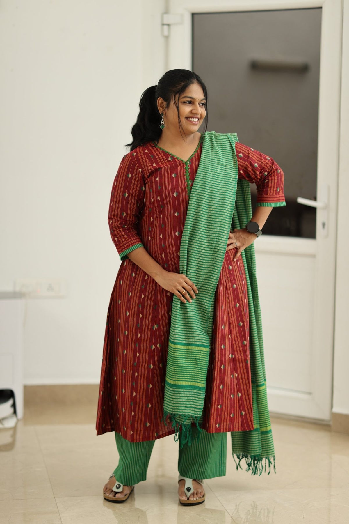 Cherry Cola & Banana Leaf Handloom 30+ Women Everyday & Special Day Office Kurta (Top + Bottom + Dupatta) | MAGI0046