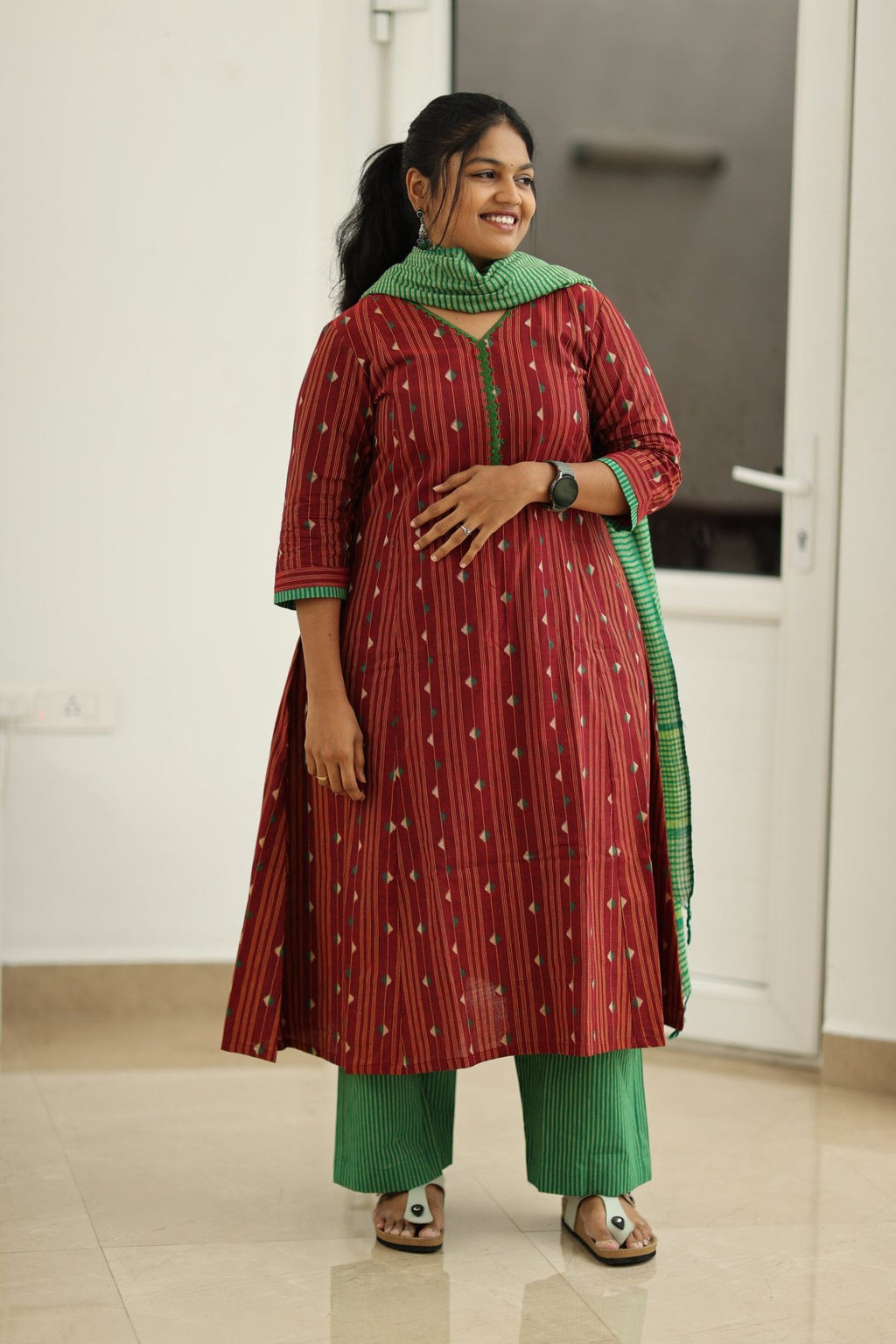 Cherry Cola & Banana Leaf Handloom 30+ Women Everyday & Special Day Office Kurta (Top + Bottom + Dupatta) | MAGI0046
