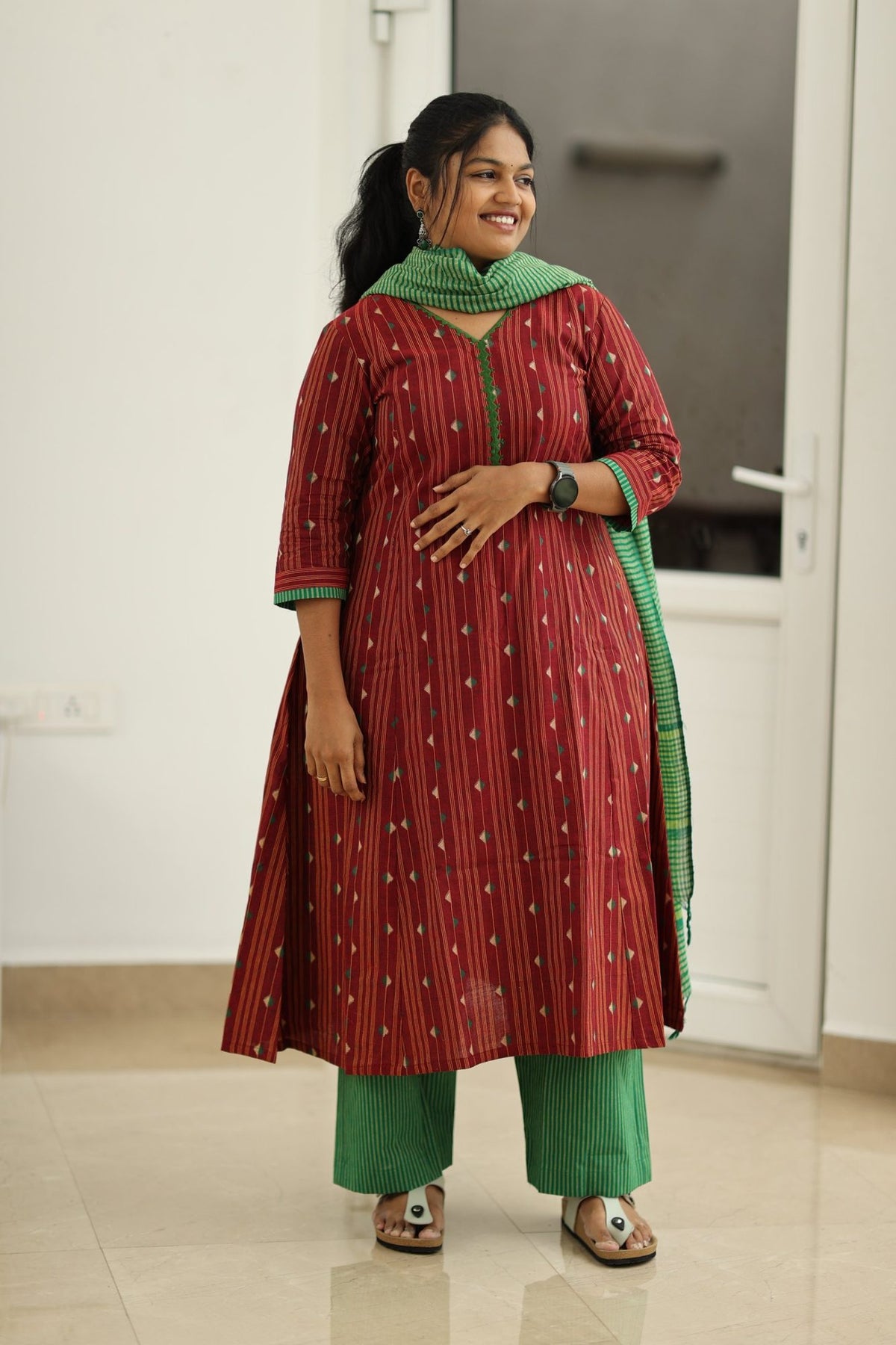 Cherry Cola & Banana Leaf Handloom 30+ Women Everyday & Special Day Office Kurta (Top + Bottom + Dupatta) | MAGI0046