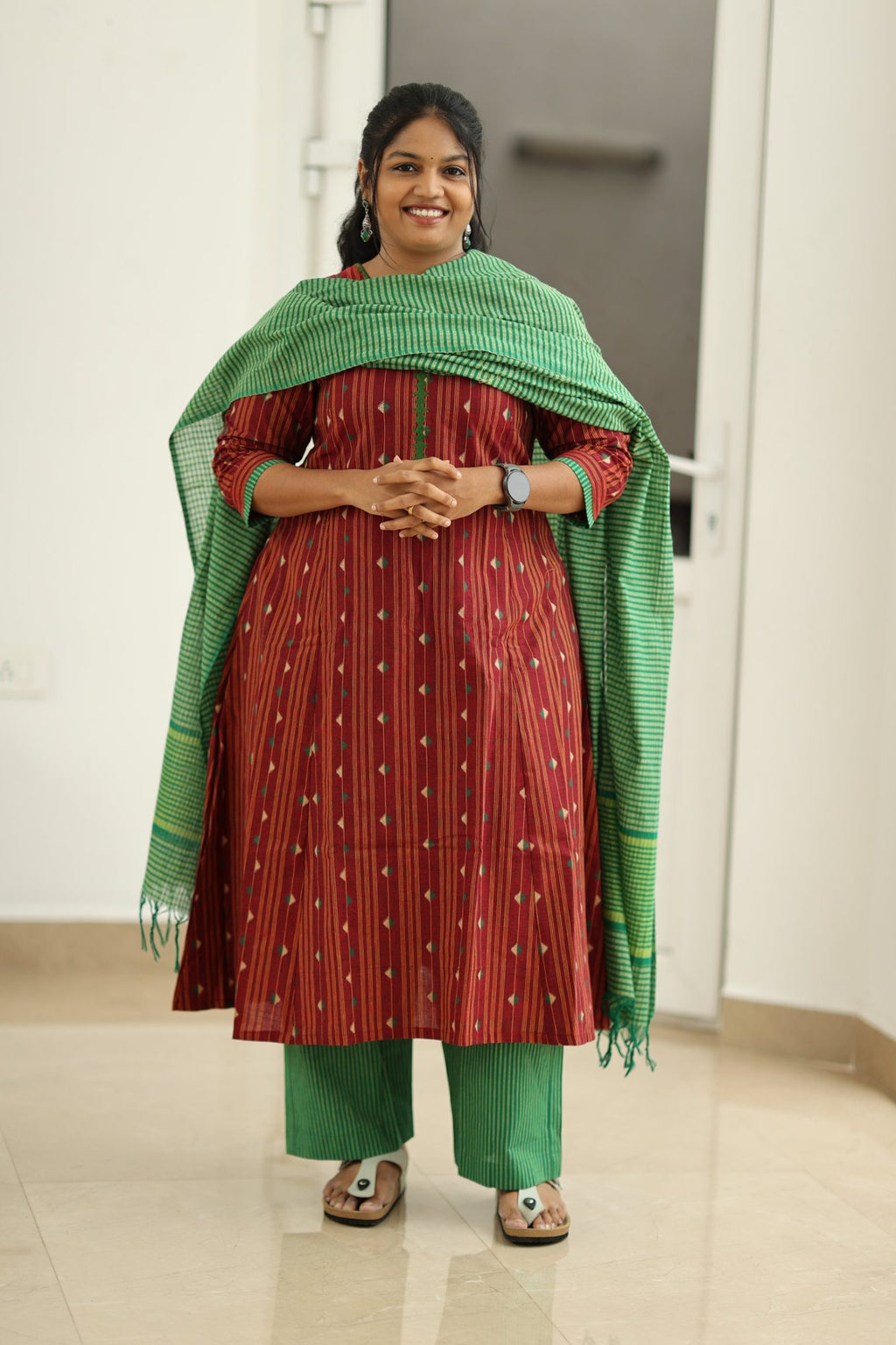 Cherry Cola & Banana Leaf Handloom 30+ Women Everyday & Special Day Office Kurta (Top + Bottom + Dupatta) | MAGI0046