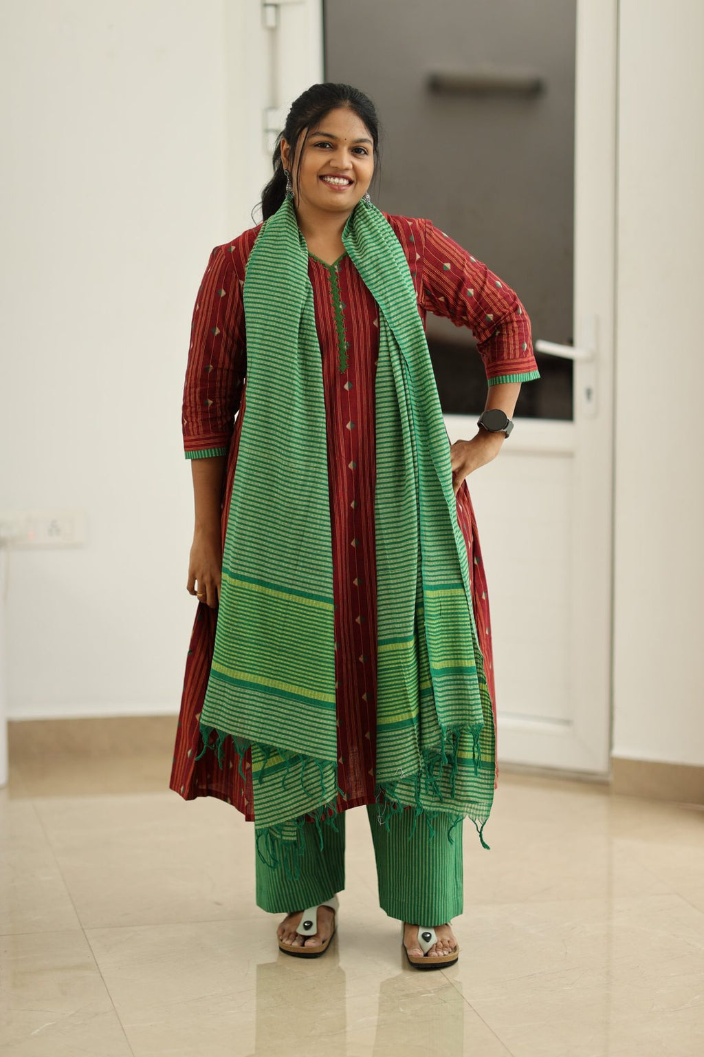Cherry Cola & Banana Leaf Handloom 30+ Women Everyday & Special Day Office Kurta (Top + Bottom + Dupatta) | MAGI0046