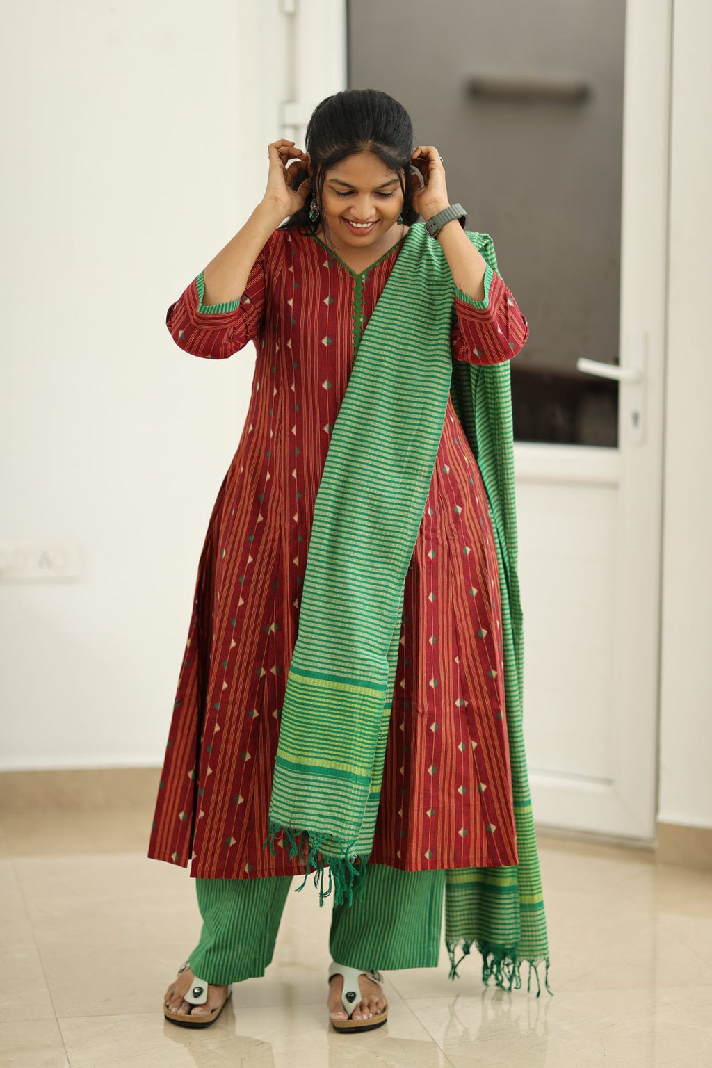 Cherry Cola & Banana Leaf Handloom 30+ Women Everyday & Special Day Office Kurta (Top + Bottom + Dupatta) | MAGI0046