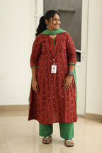 Cherry Cola & Banana Leaf Handloom 30+ Women Everyday & Special Day Office Kurta (Top + Bottom + Dupatta) | MAGI0046