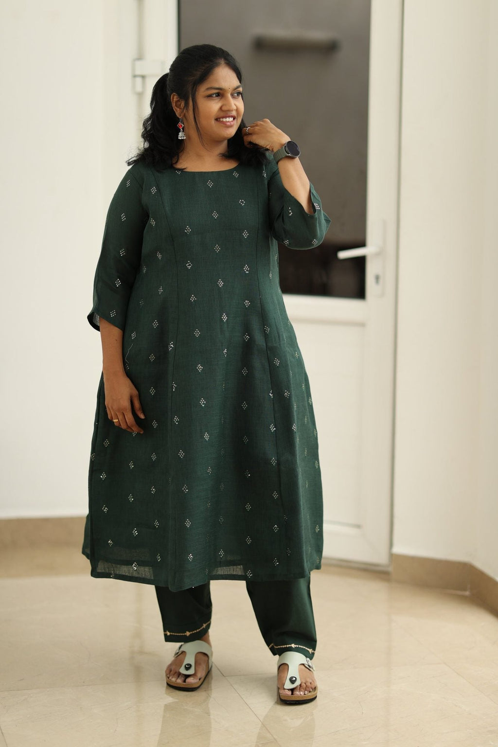 Curry Leaf Silver Sequin 30+ Women Everyday Office Kurta (Top + Bottom) | MAGI0047