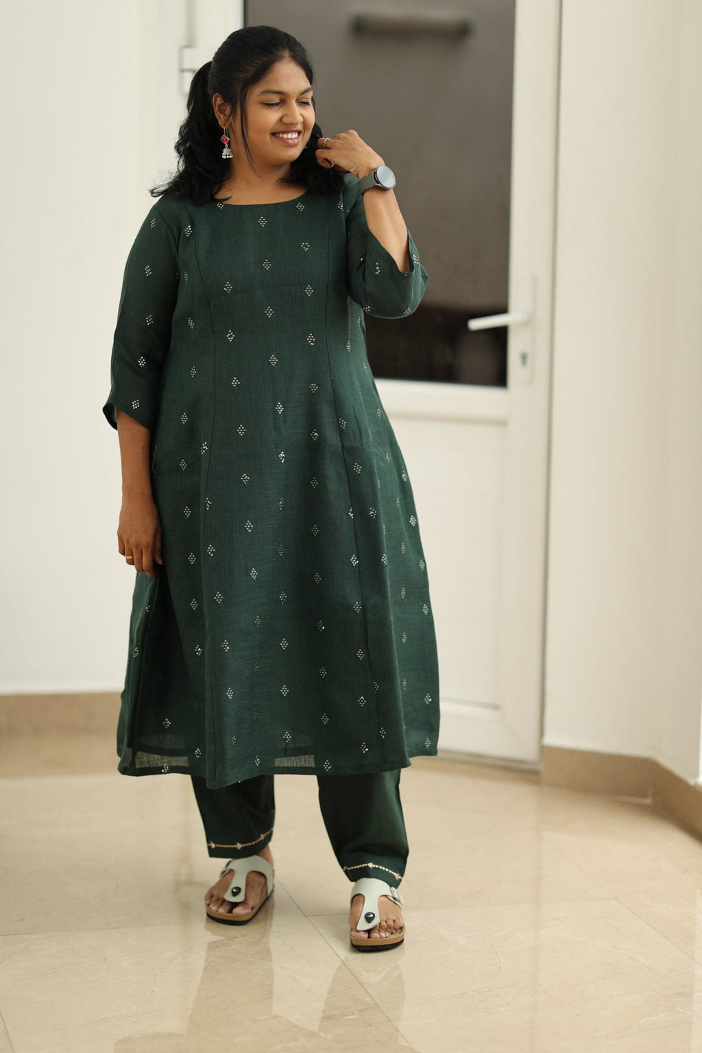 Curry Leaf Silver Sequin 30+ Women Everyday Office Kurta (Top + Bottom) | MAGI0047