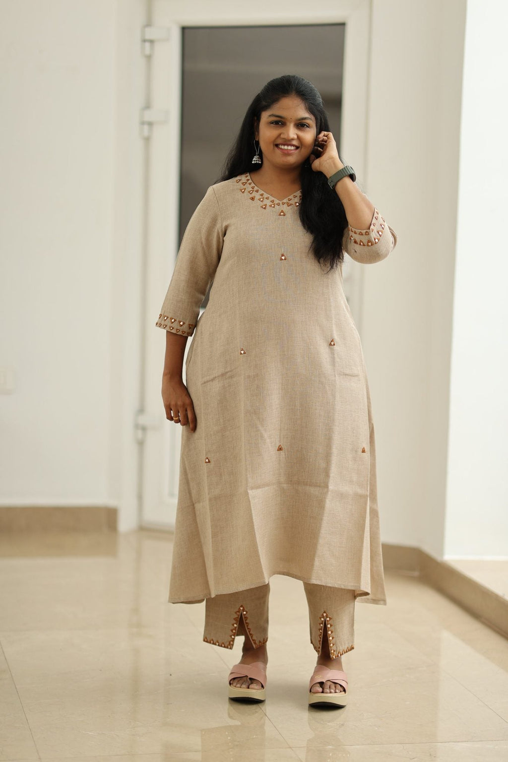 Chai Latte Caramel Mirror Work 30+ Women Everyday & Special Day Office Kurta (Top + Bottom) | MAGI0048