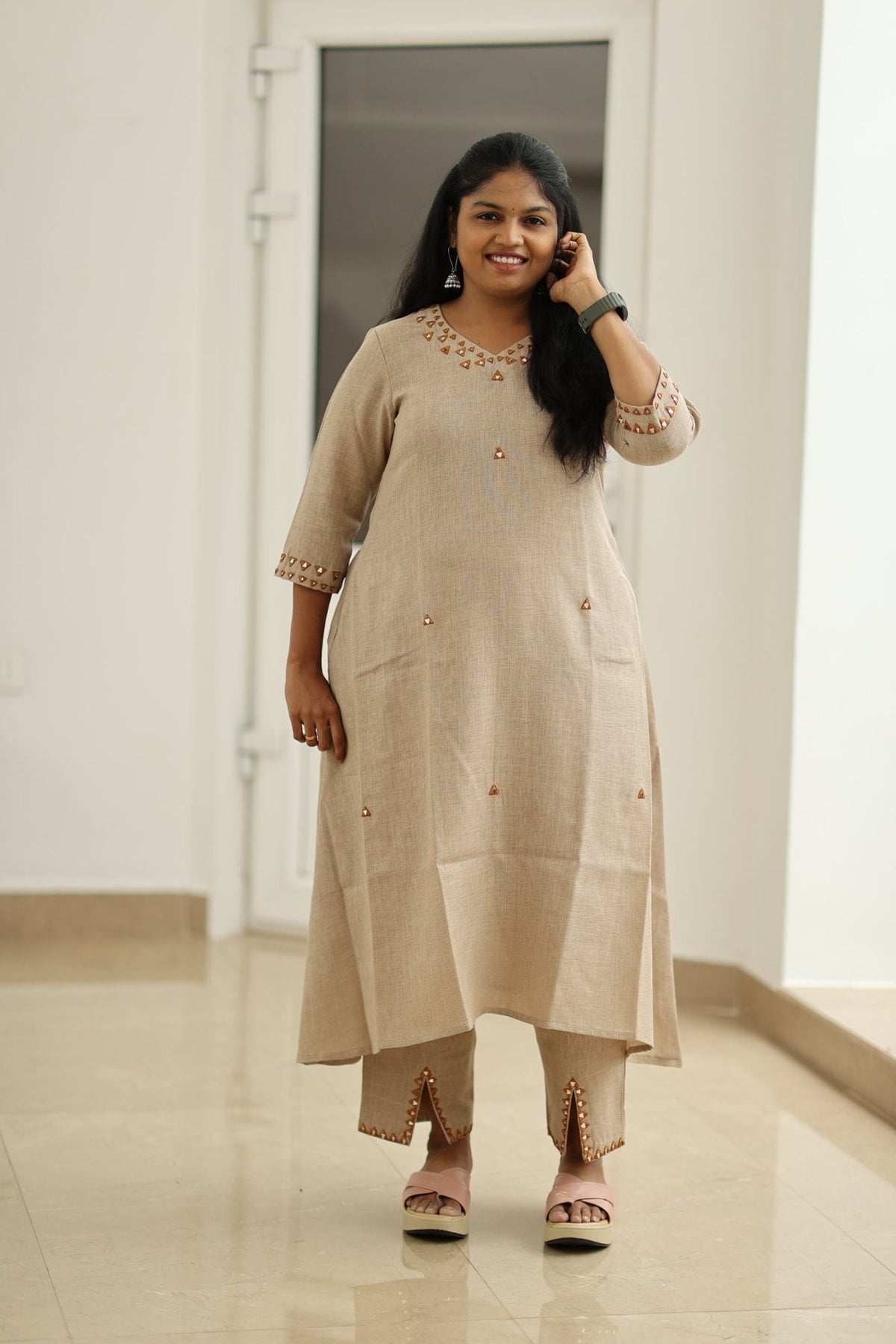 Chai Latte Caramel Mirror Work 30+ Women Everyday & Special Day Office Kurta (Top + Bottom) | MAGI0048