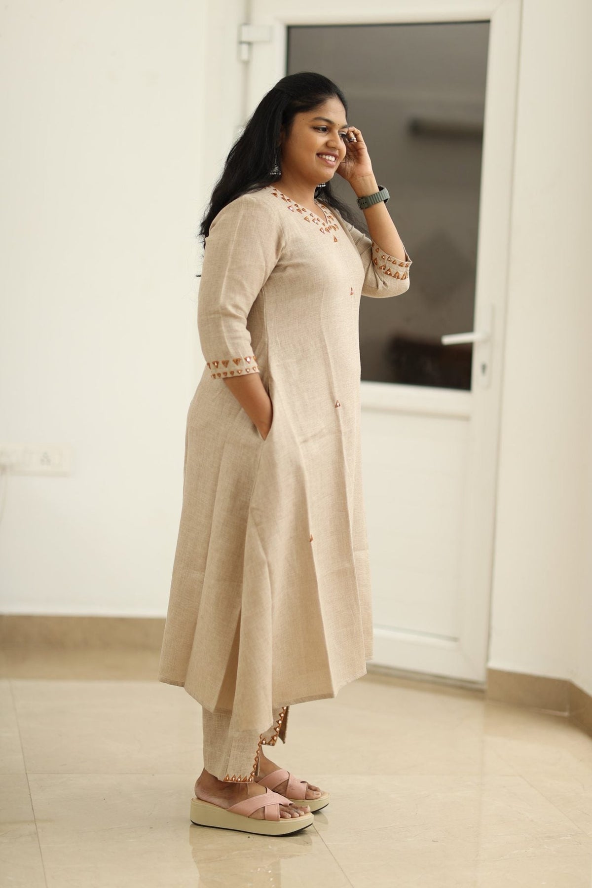 Chai Latte Caramel Mirror Work 30+ Women Everyday & Special Day Office Kurta (Top + Bottom) | MAGI0048