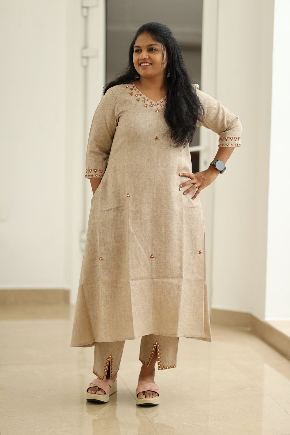 Chai Latte Caramel Mirror Work 30+ Women Everyday & Special Day Office Kurta (Top + Bottom) | MAGI0048