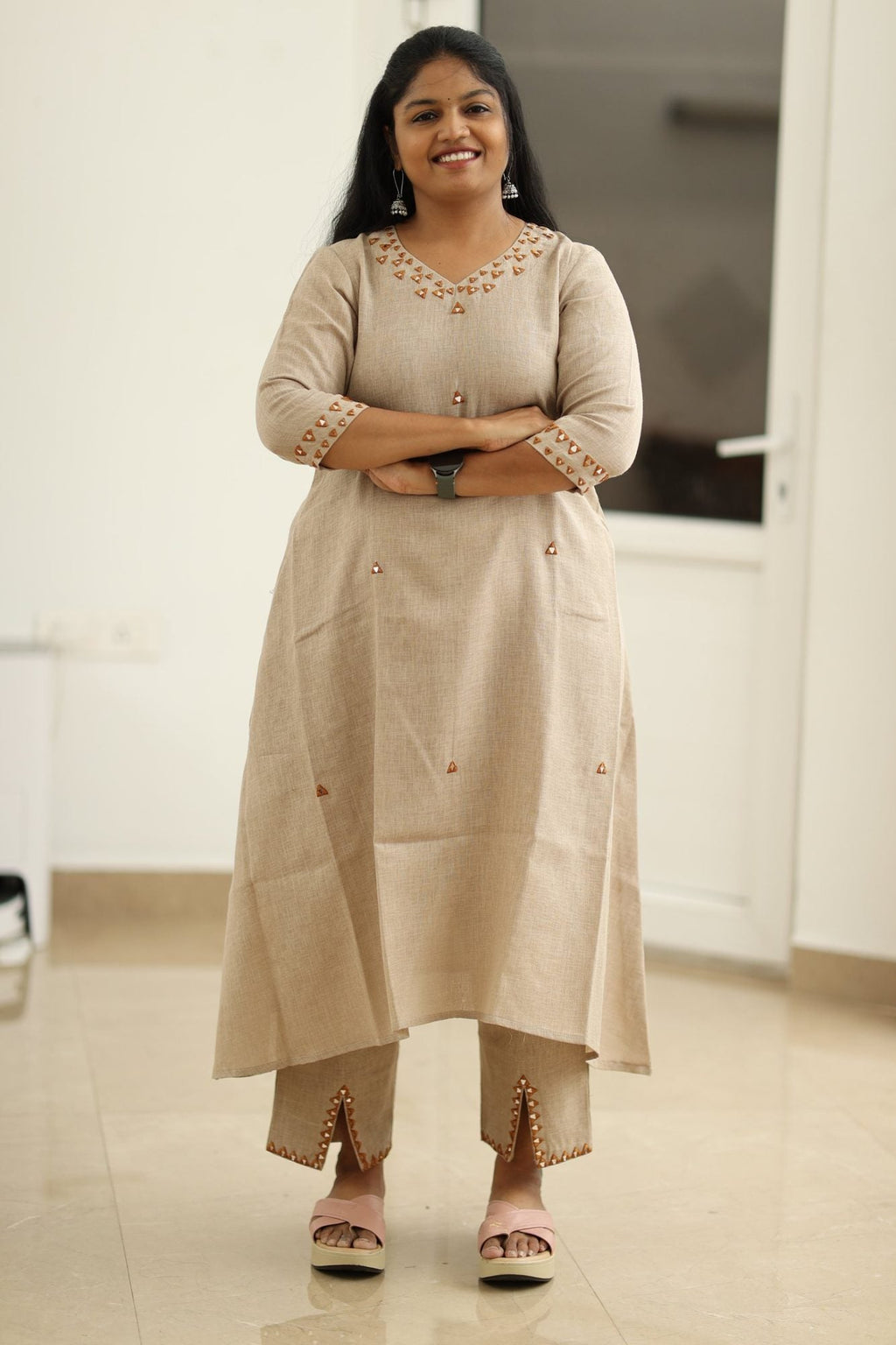 Chai Latte Caramel Mirror Work 30+ Women Everyday & Special Day Office Kurta (Top + Bottom) | MAGI0048